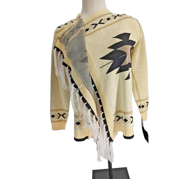 Woman's Aztec Tan Black Open Cardigan Sweater Size Large Fringe Metallic Unbrand - Picture 2 of 12